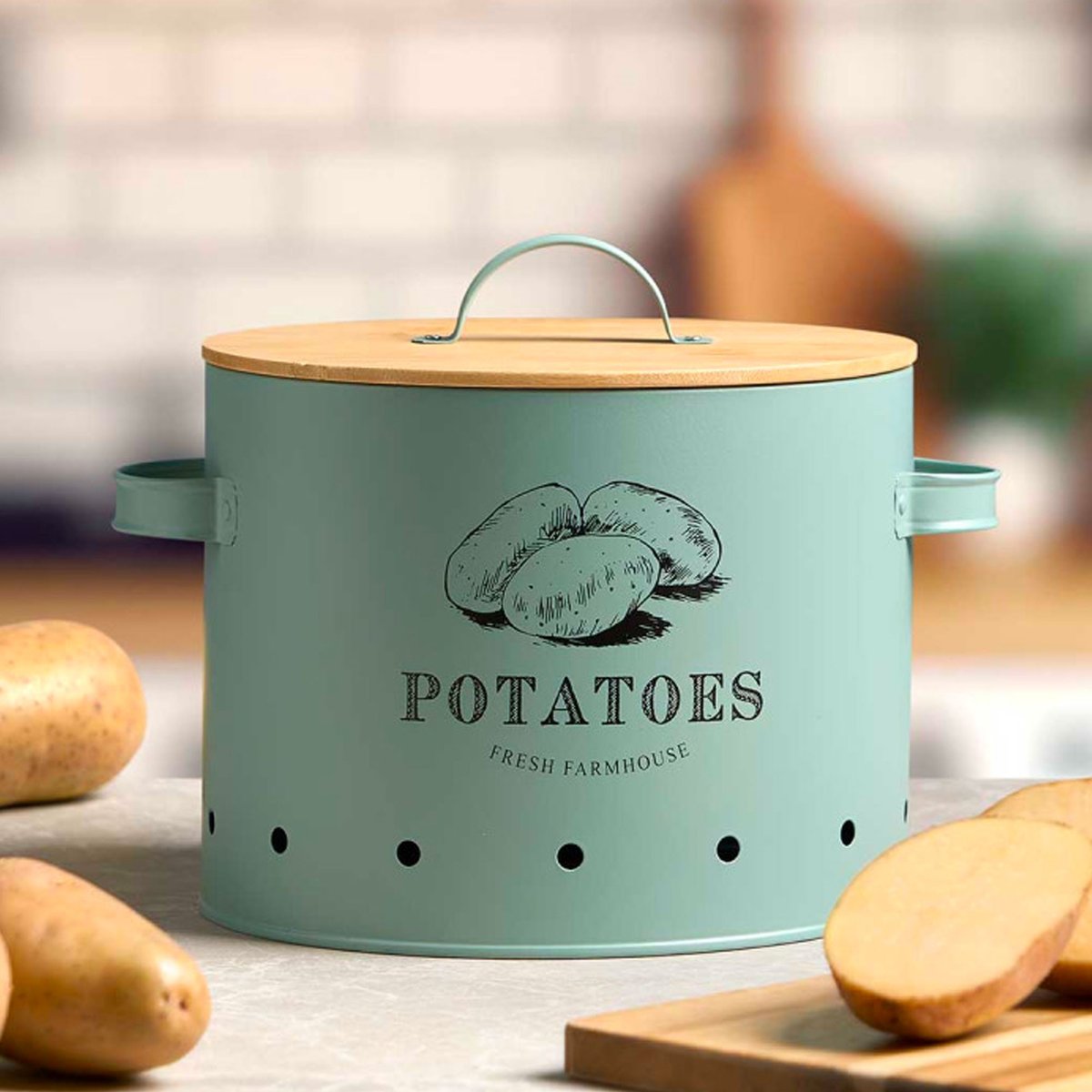 Boîte à pommes de terre en métal vert et bambou vert, WADIGA