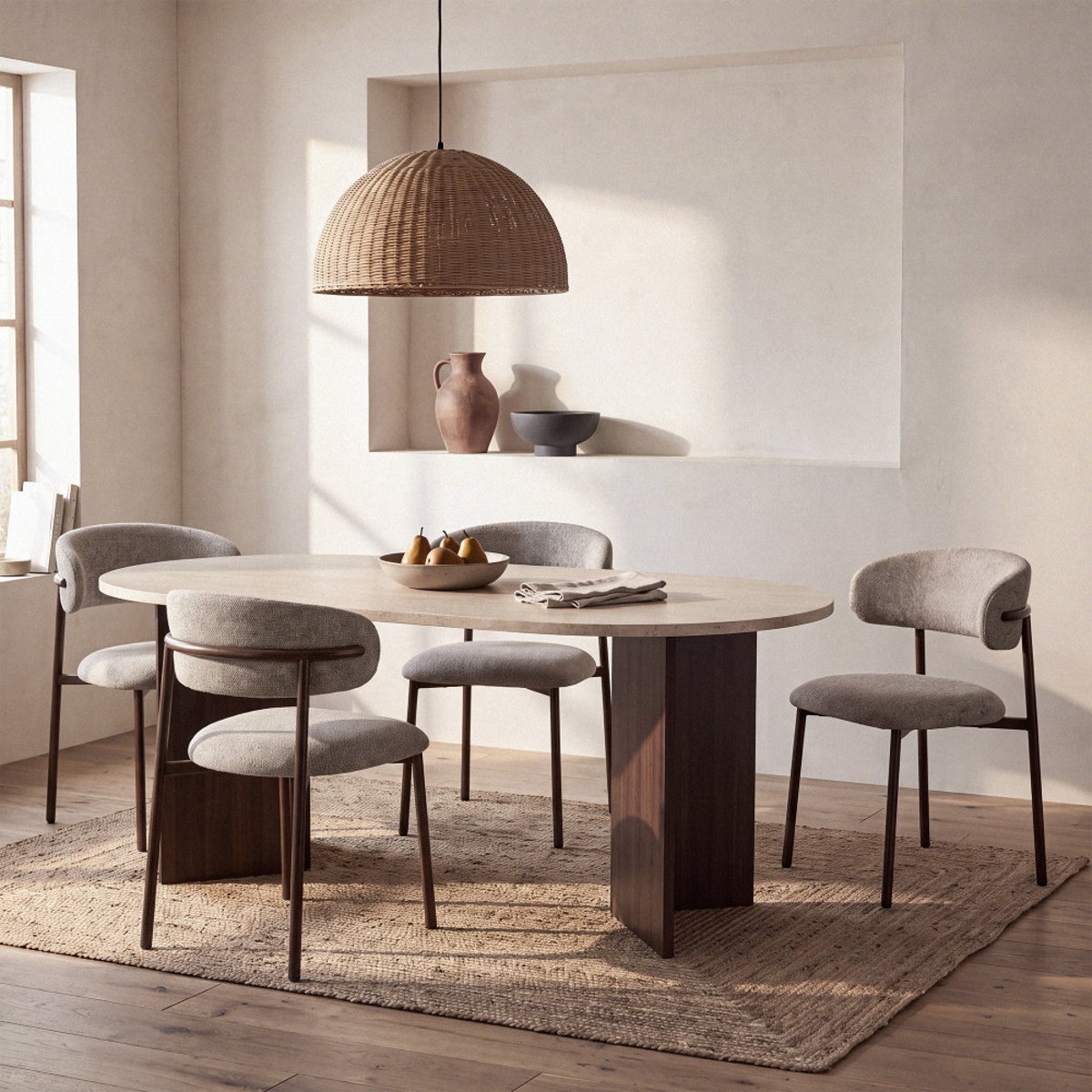 Table à manger 8 personnes ovale en bois et effet travertin - CALIAN beige, DRAWER