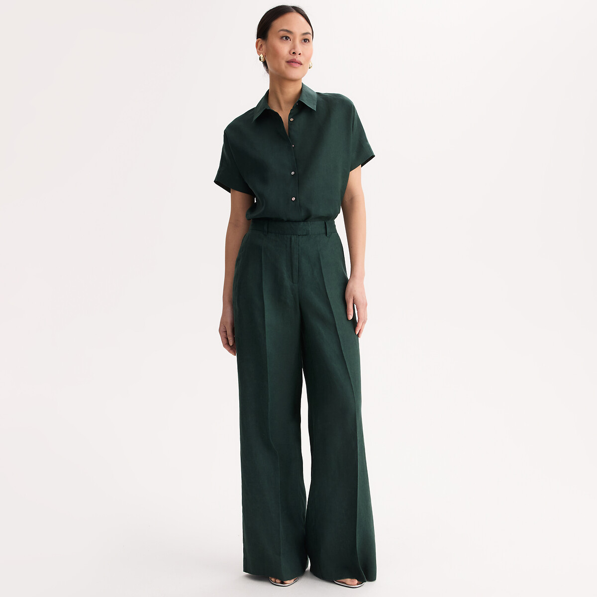 Camicia in lino a maniche corte verde scuro, ANNE WEYBURN