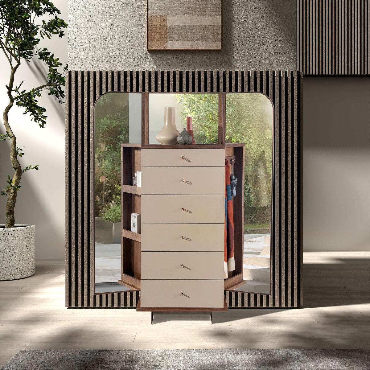 Commode en similicuir, noyer et acier poli avec miroir vison | noyer | acier, ANGEL CERDA