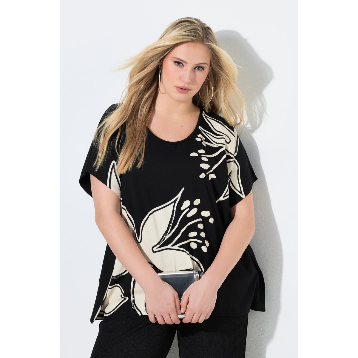 T-shirt esprit poncho, motif floral noir, ULLA POPKEN