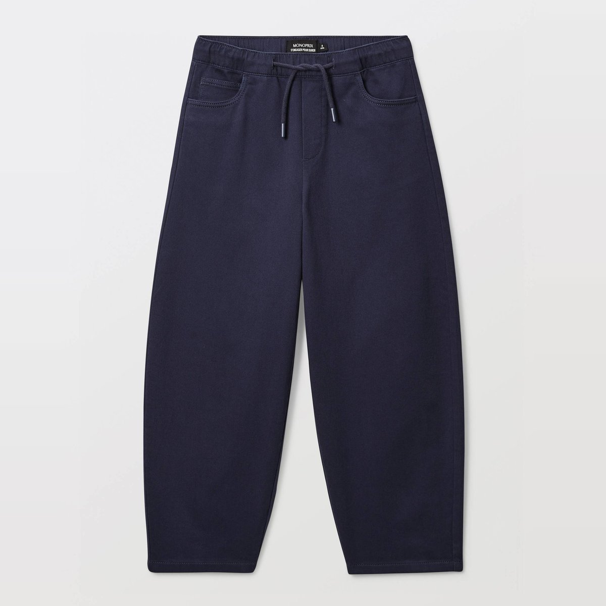 Pantalon droit élastiqué uni en coton marine, MONOPRIX