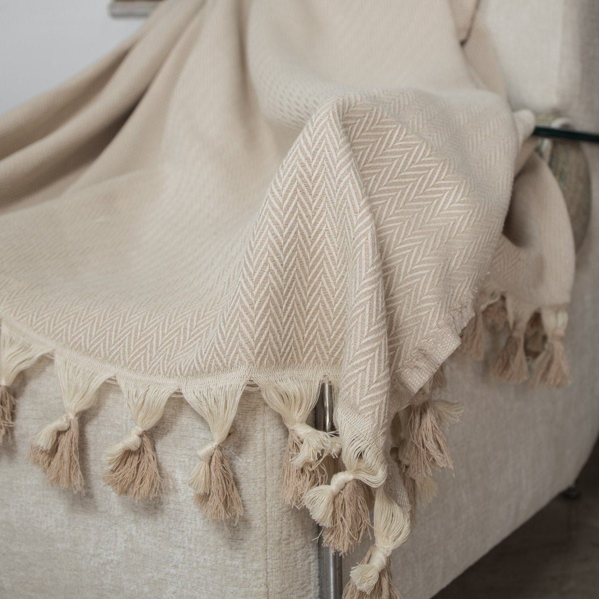 Plaid coton MEGEVE taupe clair, FEBRONIE