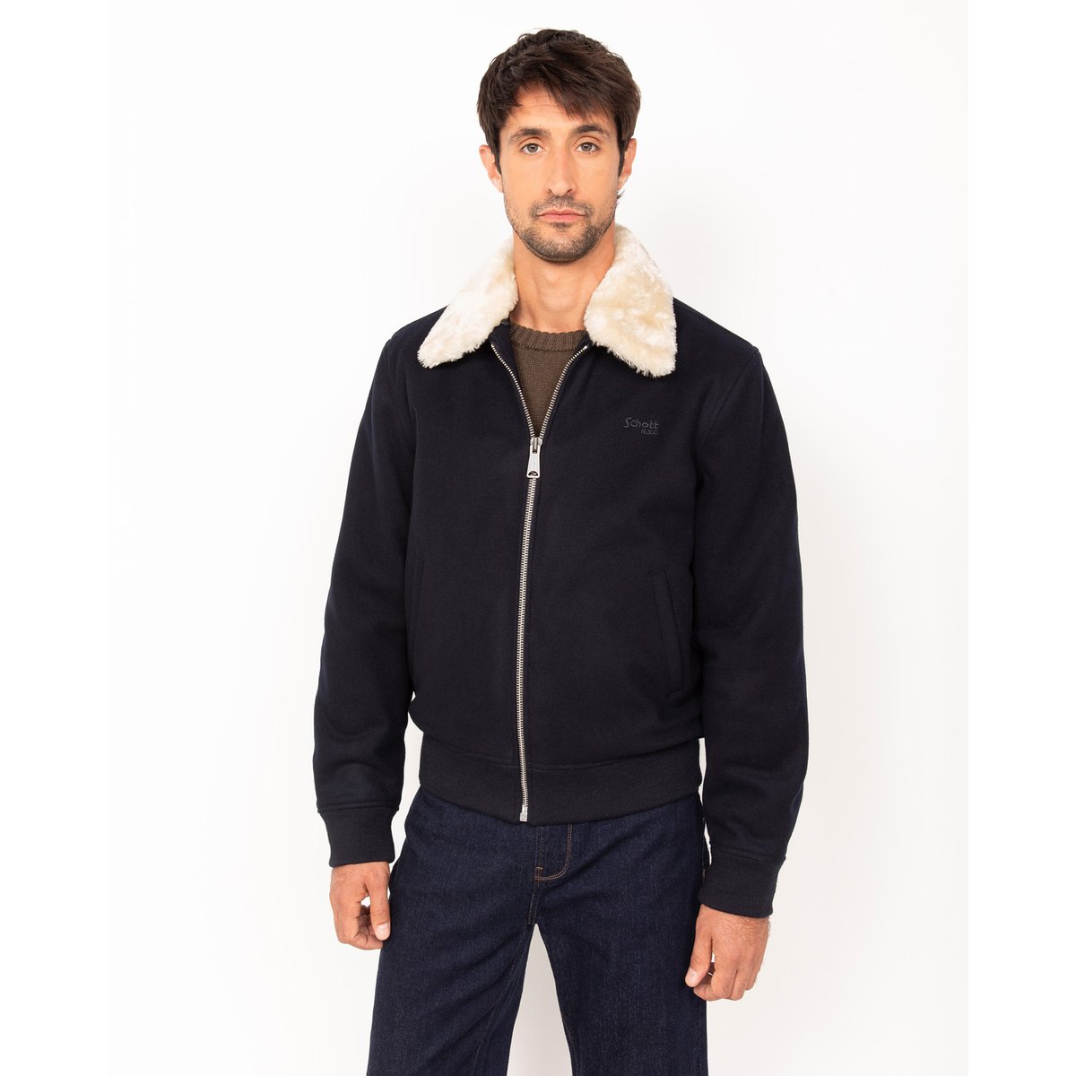 Blouson pilote en laine mélangée bleu marine, SCHOTT
