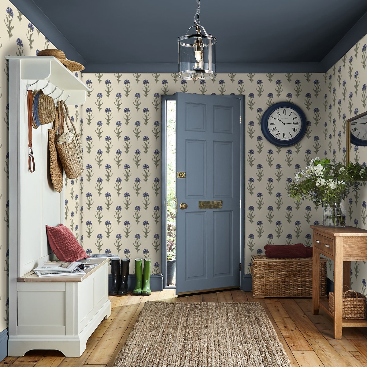 Papier peint fleuri Dandelion bleu, vert, beige, LAURA ASHLEY