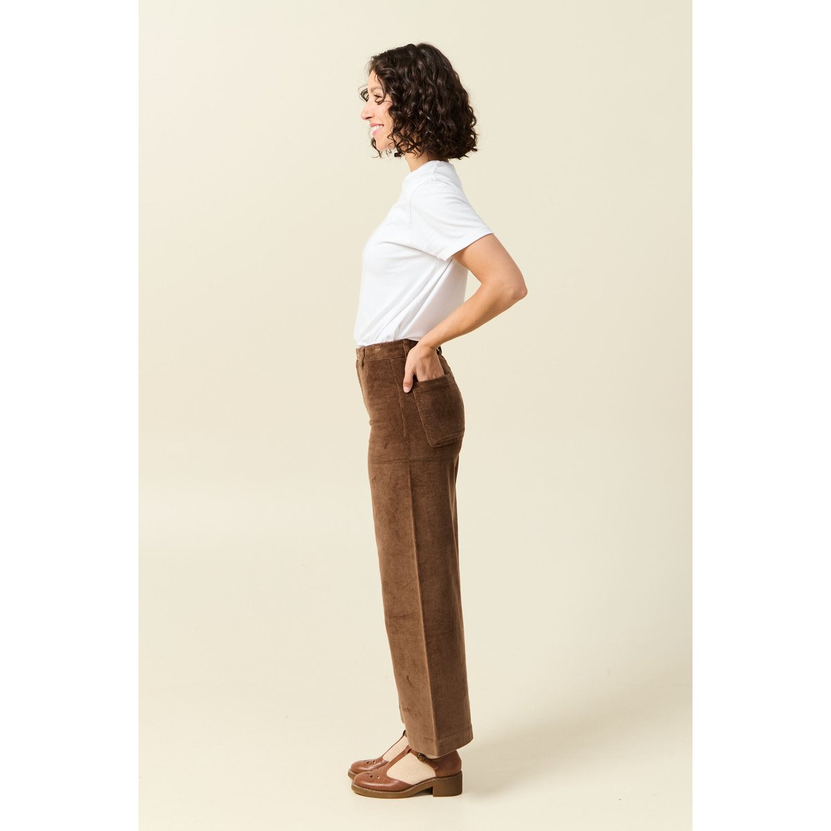 Pantalon large taille haute en velours vieux rose, BONOBO