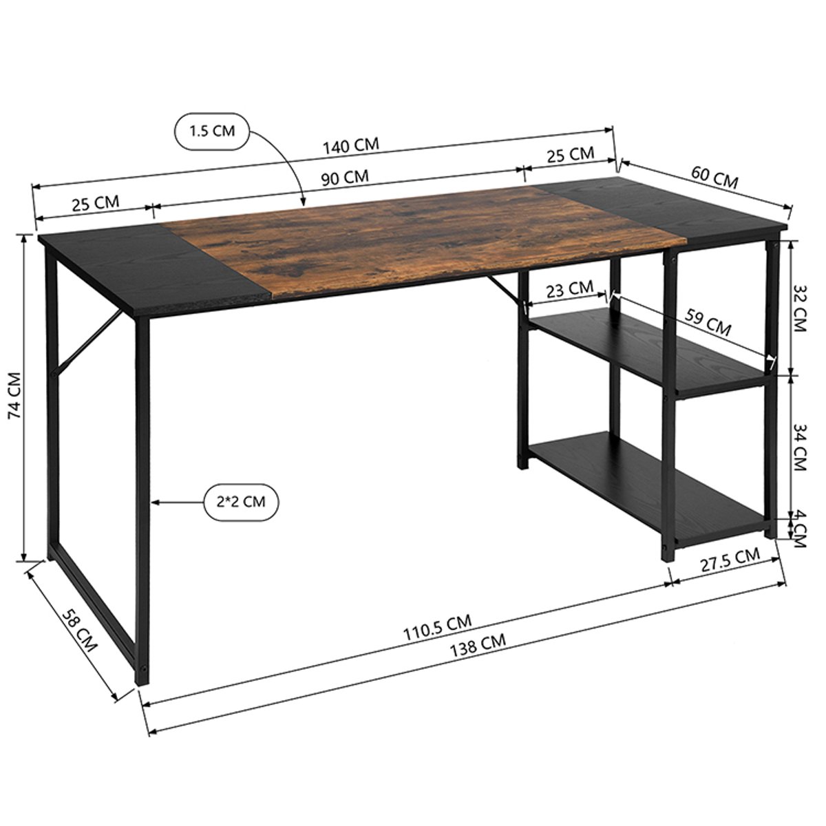 Bureau 140cm avec 2 étagères réversibles style industriel, DEMBE noir, MEUBLES COSY