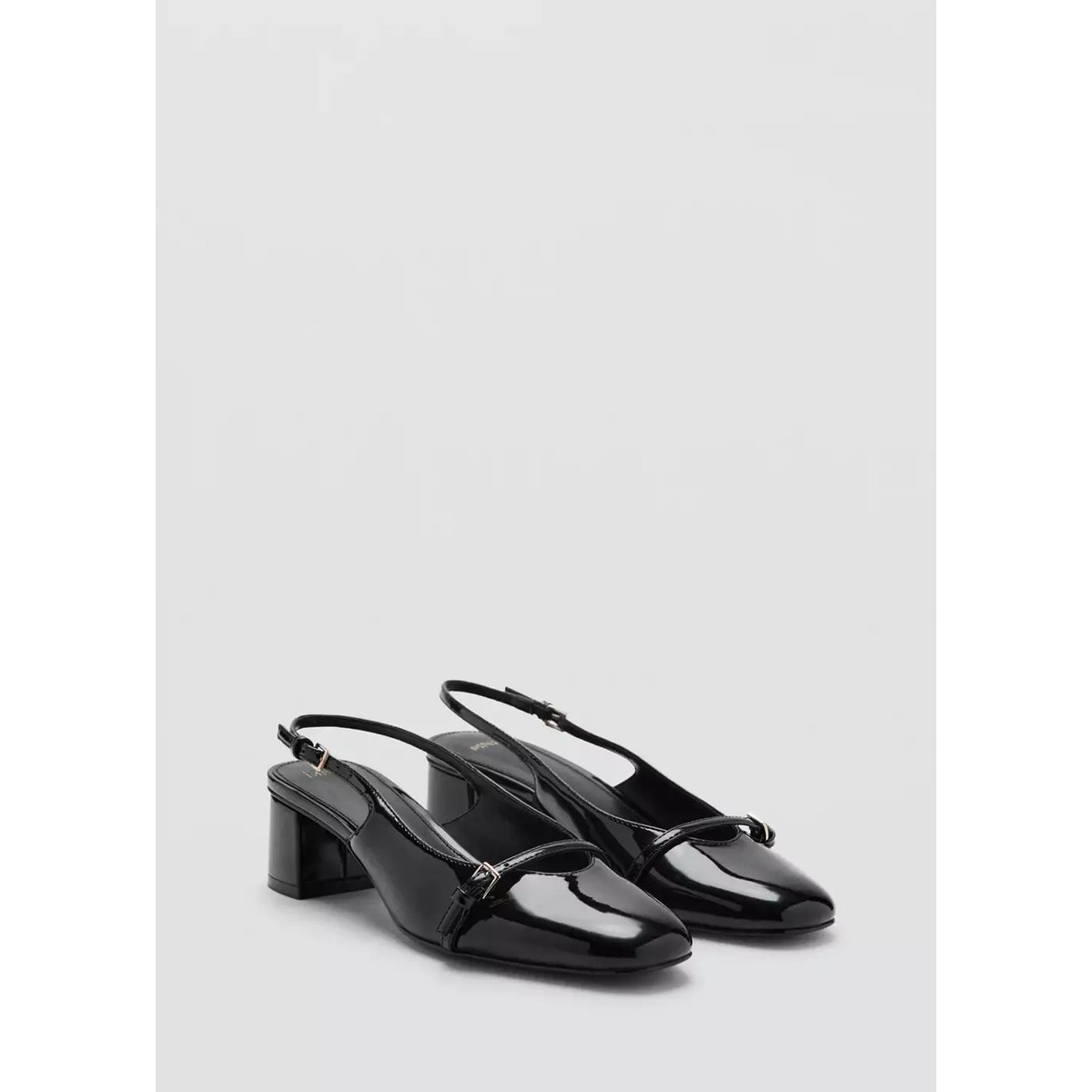 Chaussures à talon en cuir verni avec brides à boucle noir, MANGO