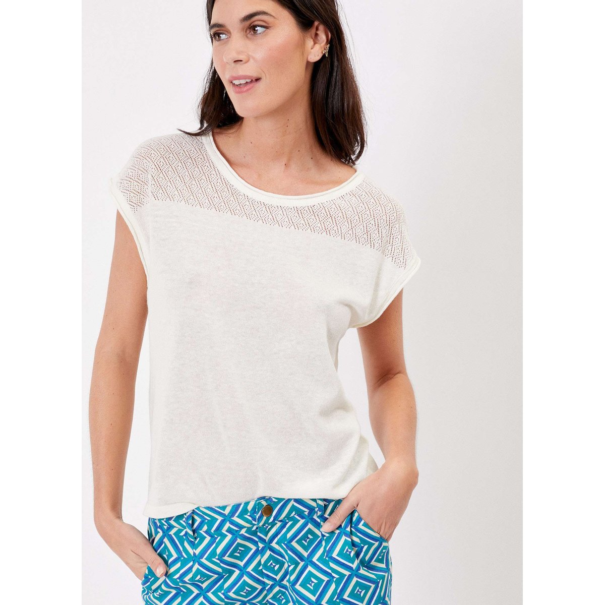 Top coton uni ajouré maille MANTRAS blanc, LA FIANCÉE