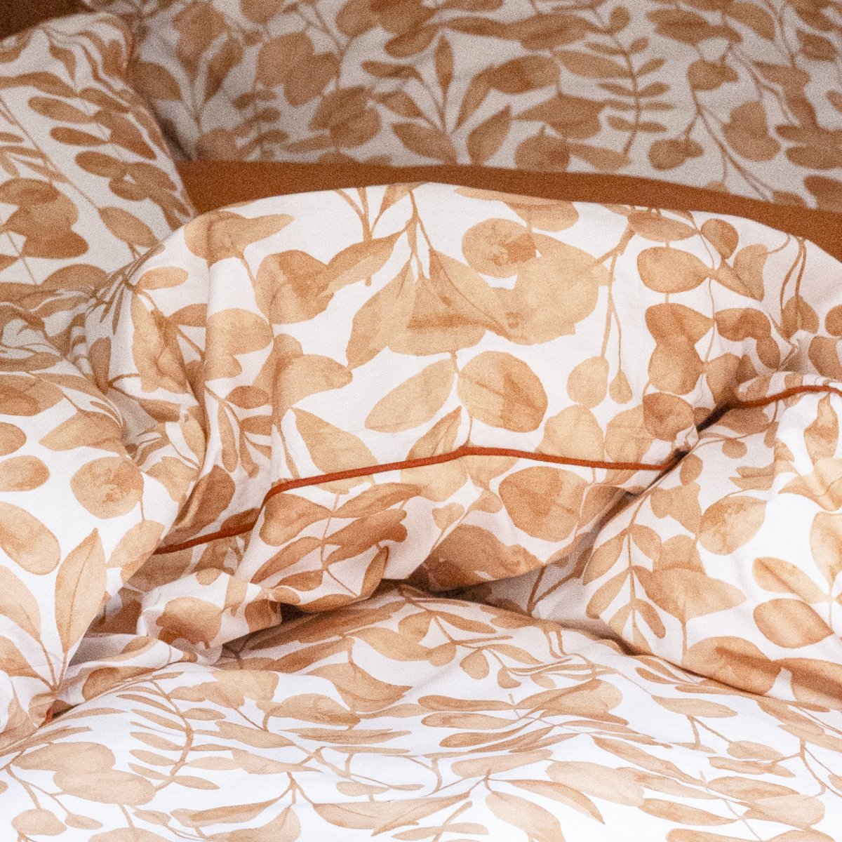 Housse de couette en percale de coton lavé, HERBIER terre cuite, BLANC CERISE