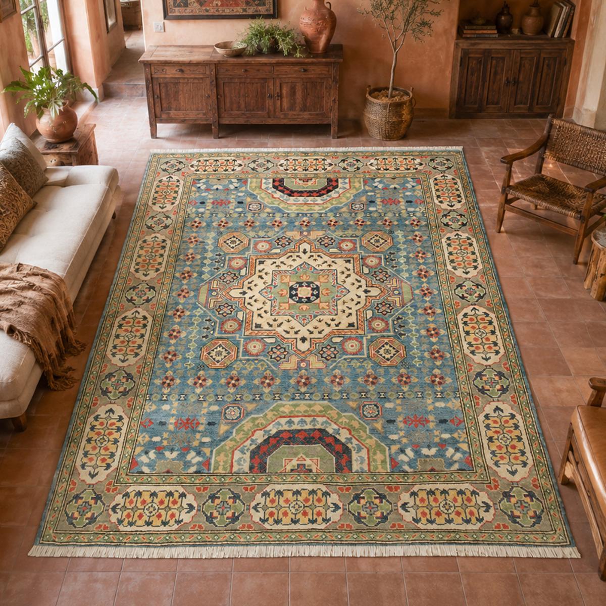 Tapis salon, motif géométrique noué main, laine naturelle, KAZAK CO 69 bleu, beige, rouge, UN AMOUR DE TAPIS