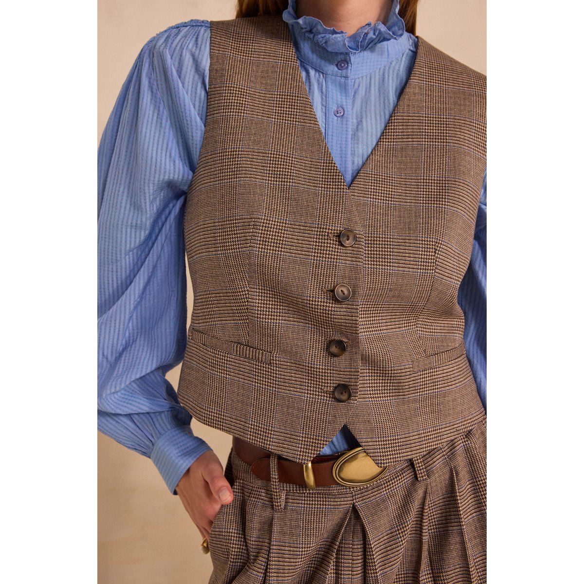 Gilet imprimé prince de galles sans manches BABEL camel fonce, Maison 123