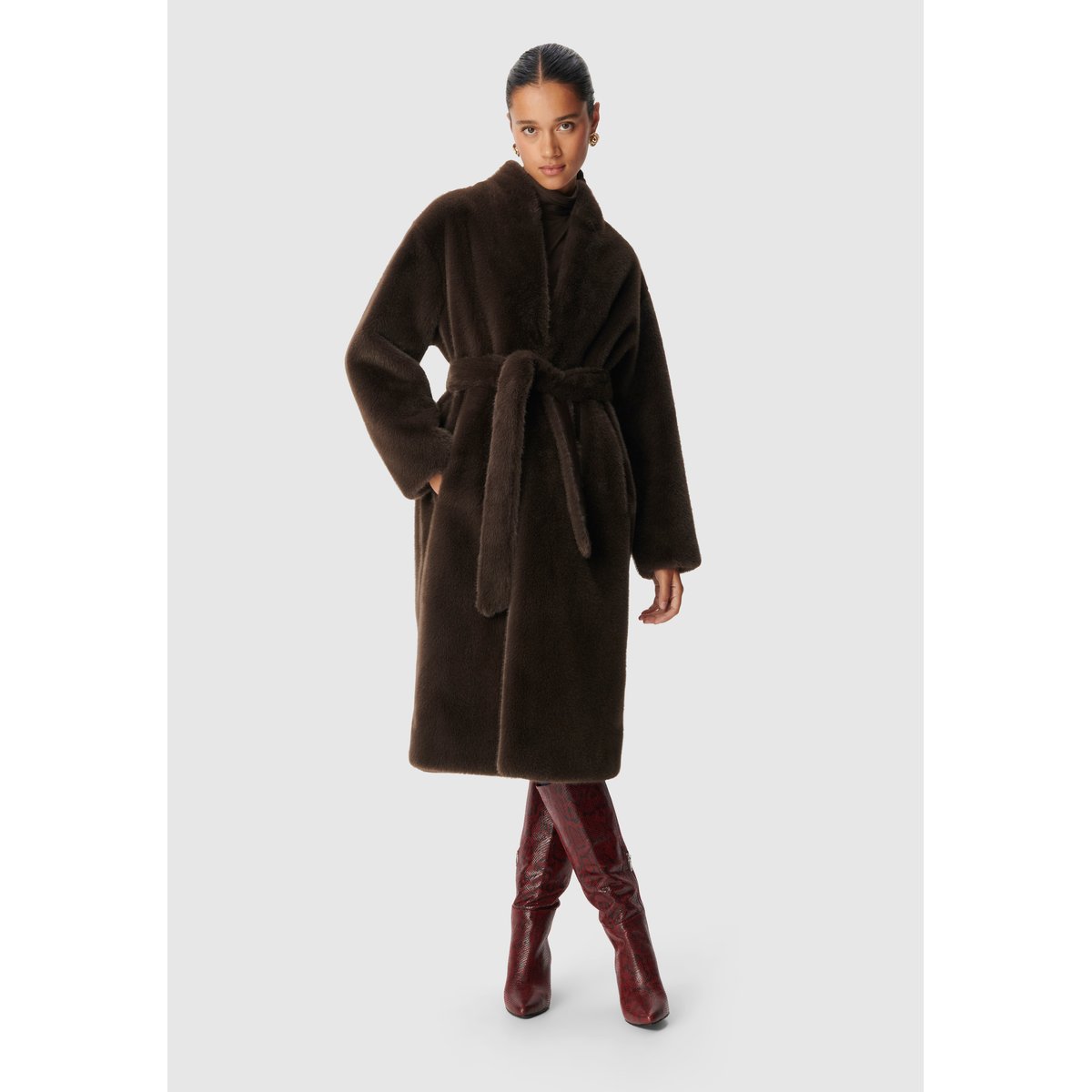 Manteau long col montant avec ceinture marron foncé, IKKS