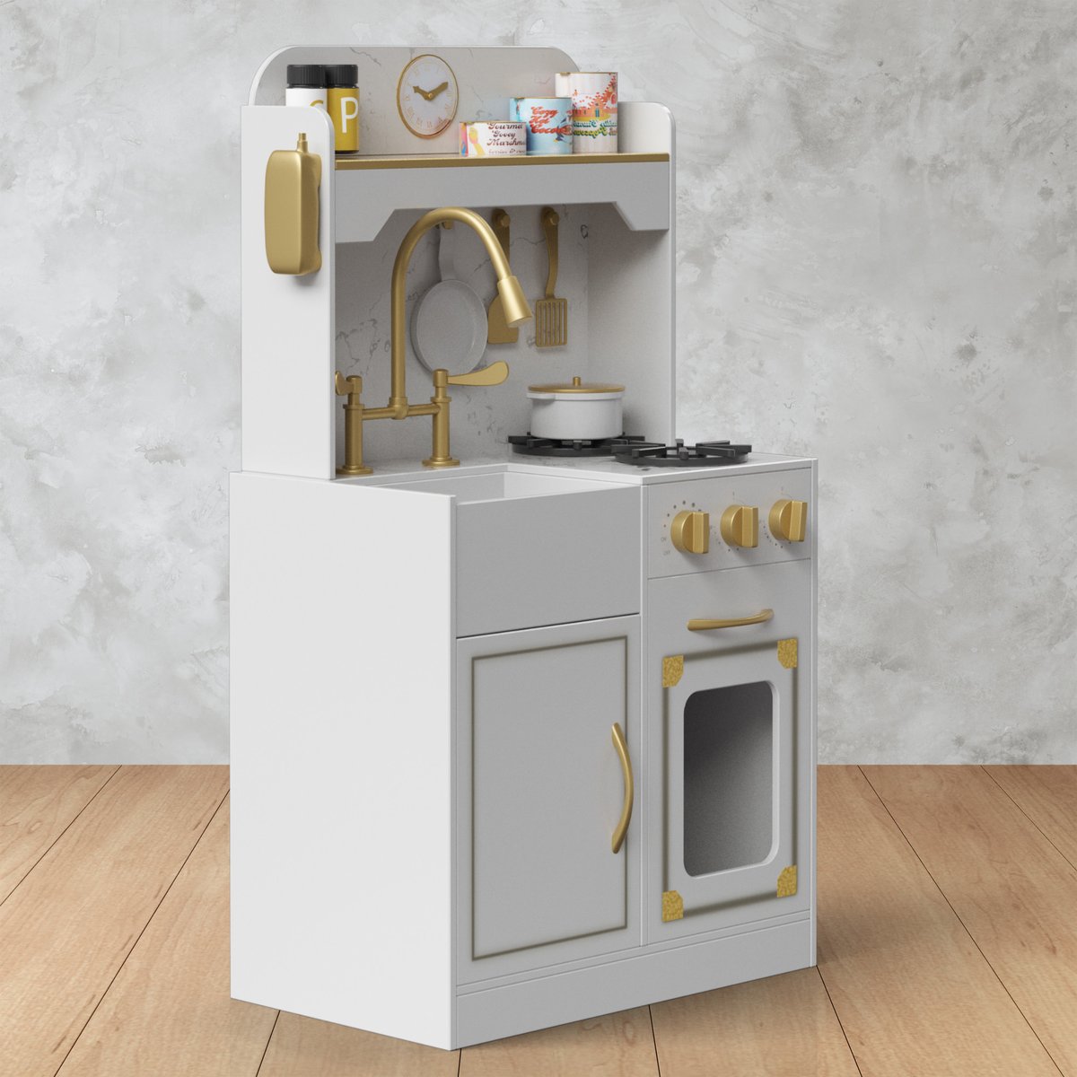Cuisine enfant avec détails dorés, four et 11 accessoires, Blanc, VERSAILLES couleur unique, TEAMSON KIDS