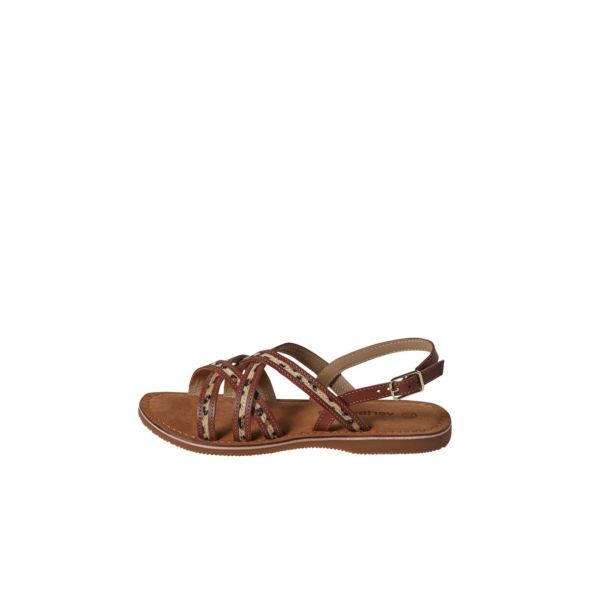 Sandales brides croisées cuir junior marron imprimé, VERTBAUDET