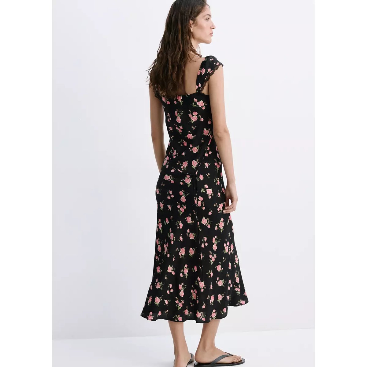 Robe à fleurs détail dentelle noir, MANGO