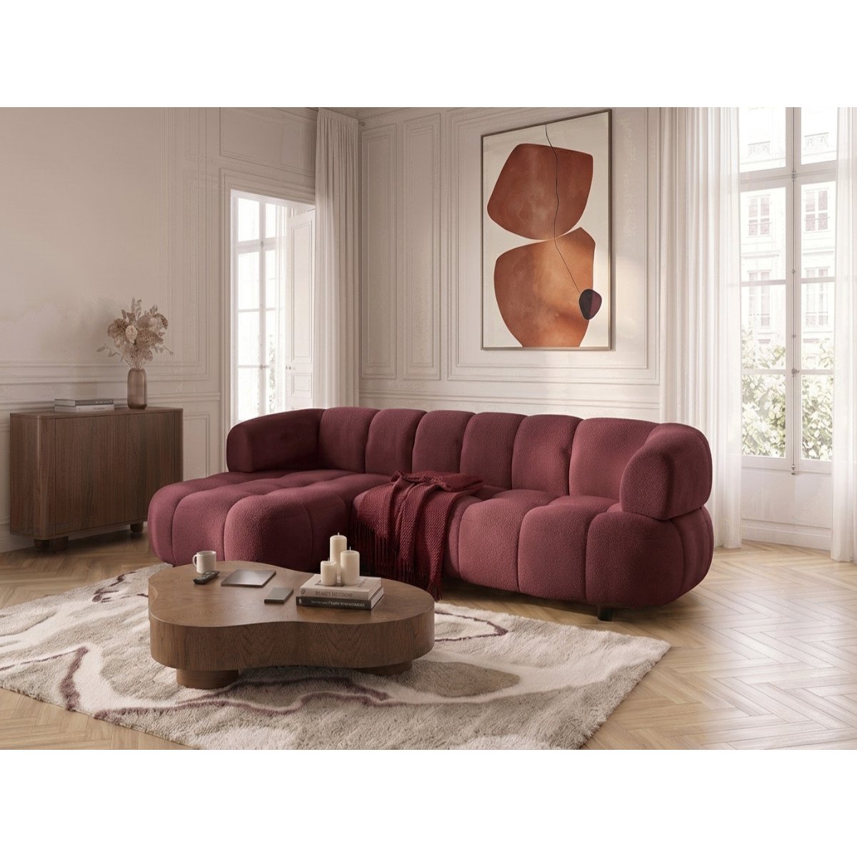 Canapé d'angle convertible 3 places en tissu lisse, LOVELY rouge, BOBOCHIC