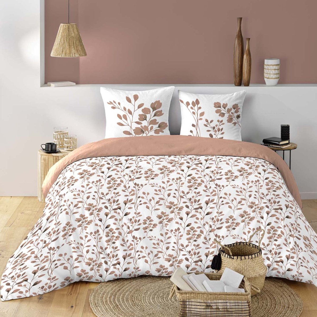 Parure de lit 3 pièces en coton à motif feuillage housse + taies rose, DOUCEUR D'INTÉRIEUR