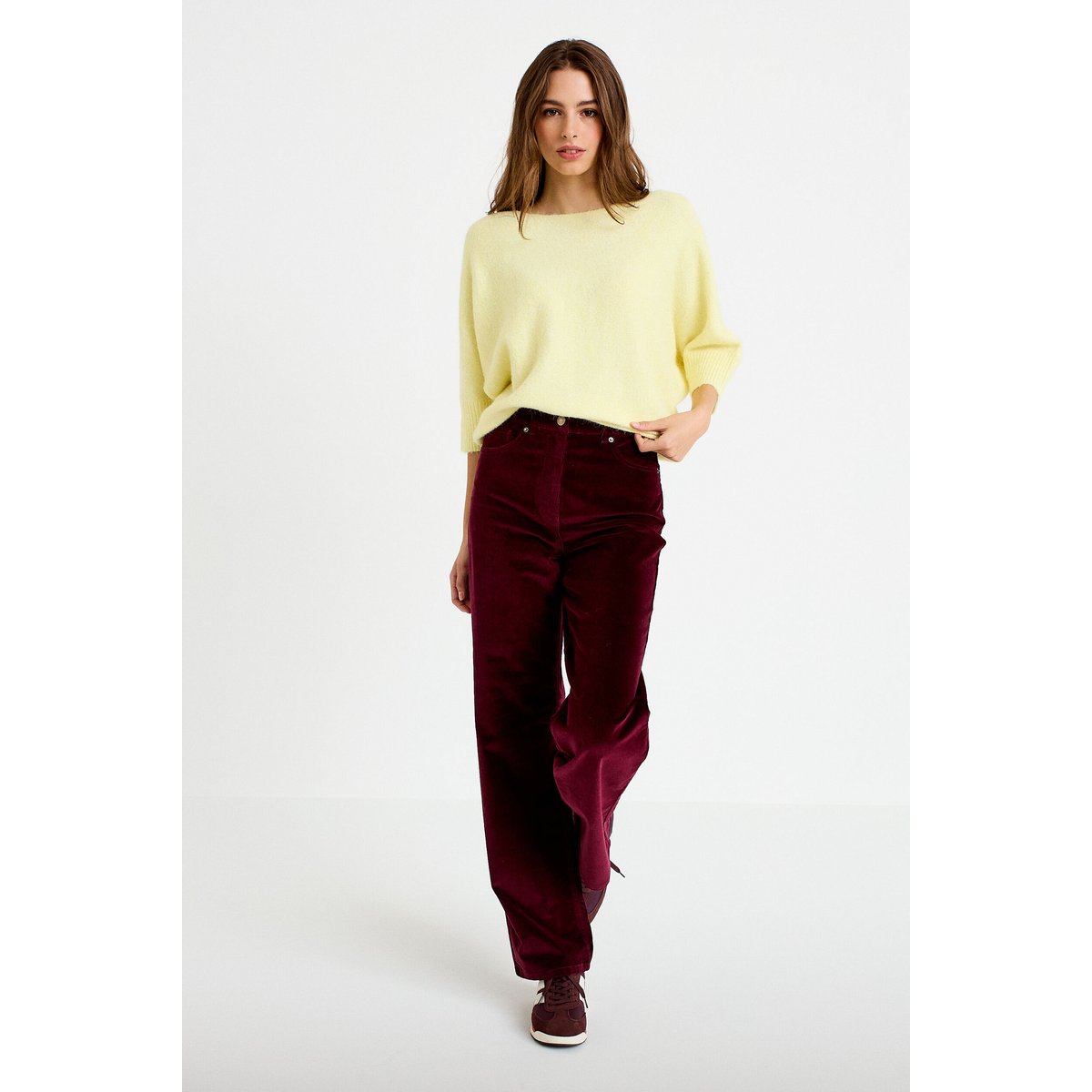 Pantalon bootcut taille haute velours bordeaux, CACHE CACHE