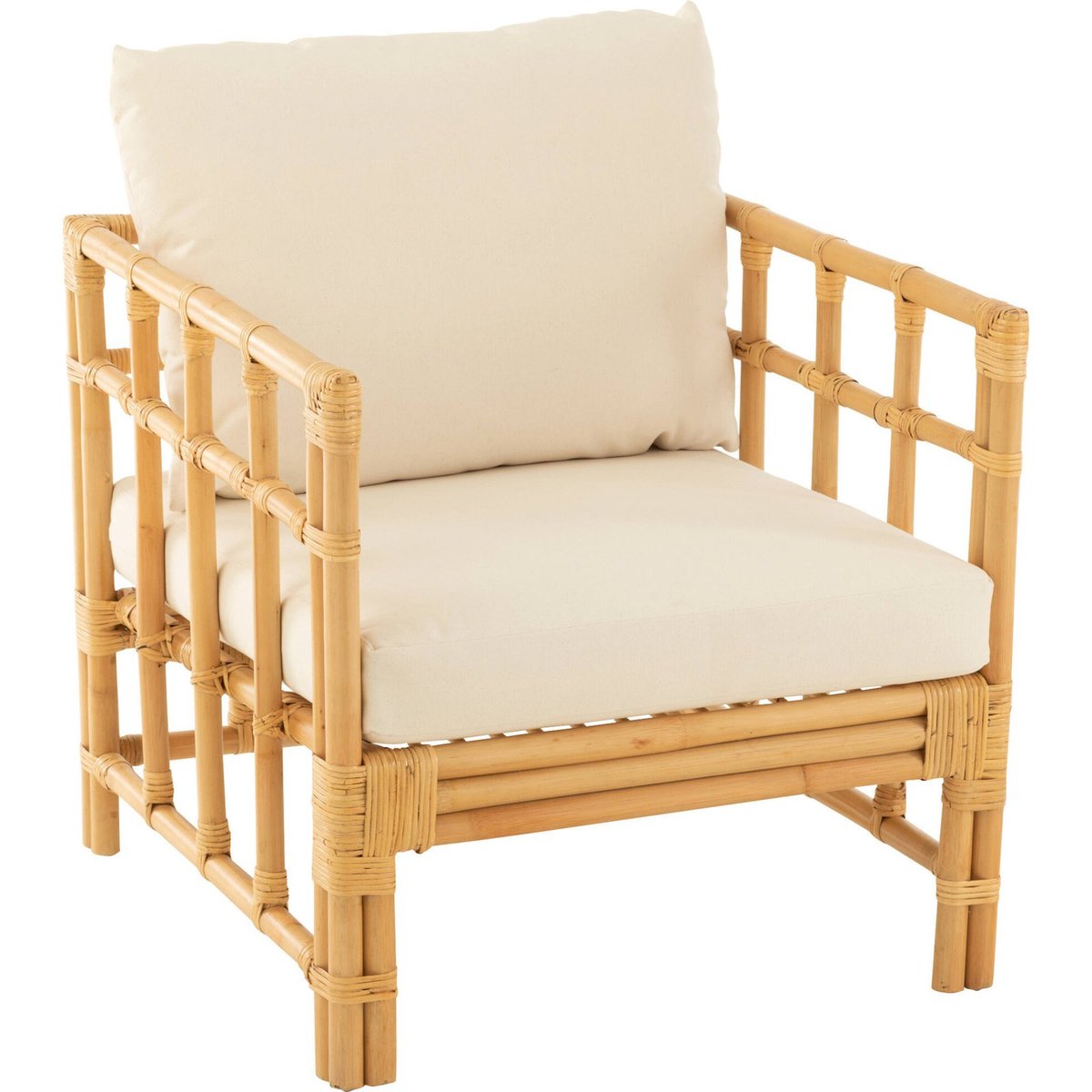 Fauteuil en rotin avec coussin pour salon naturel rotin et blanc cassé, RECOLLECTION