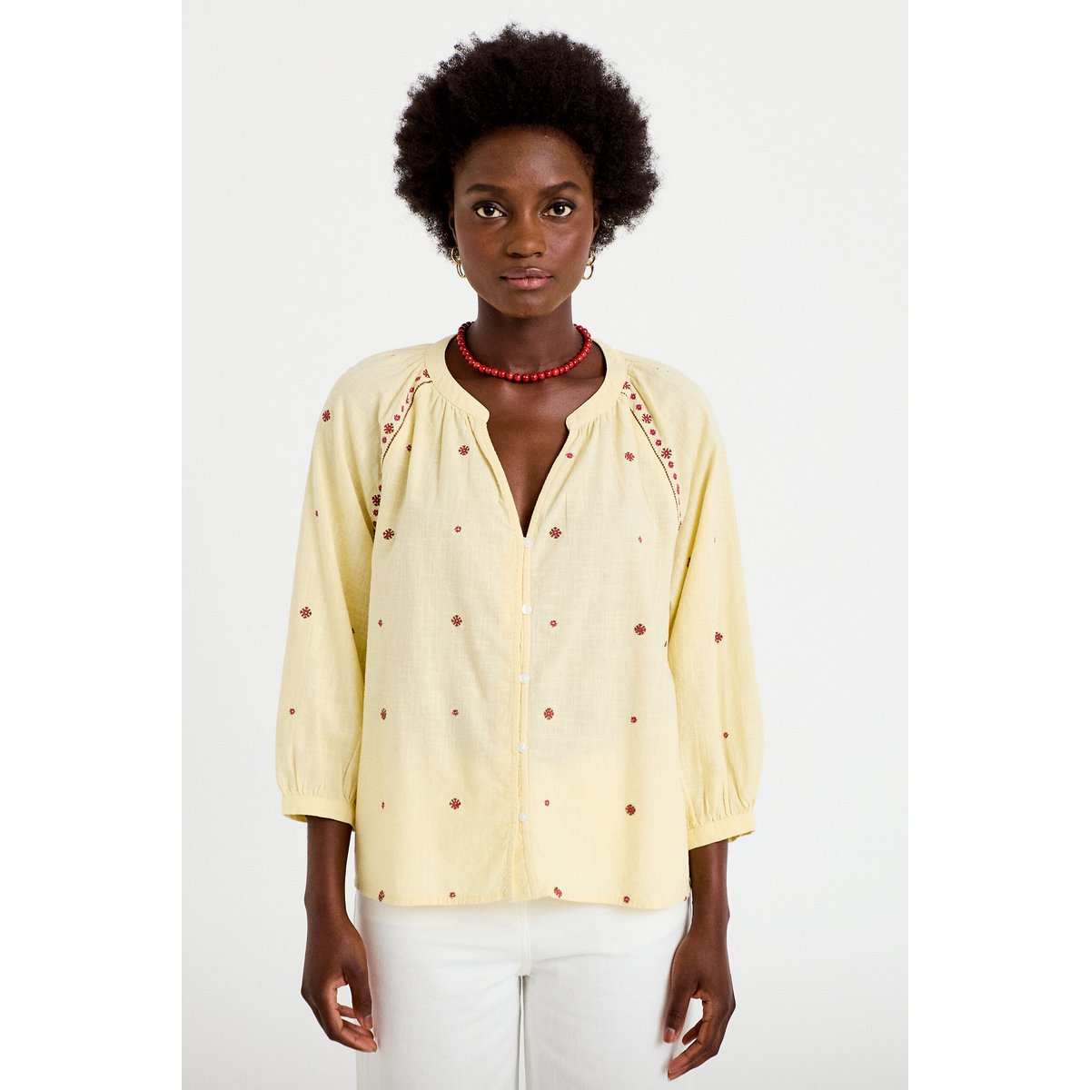 Blouse ample col tunisien manches 3/4 jaune pastel, CACHE CACHE