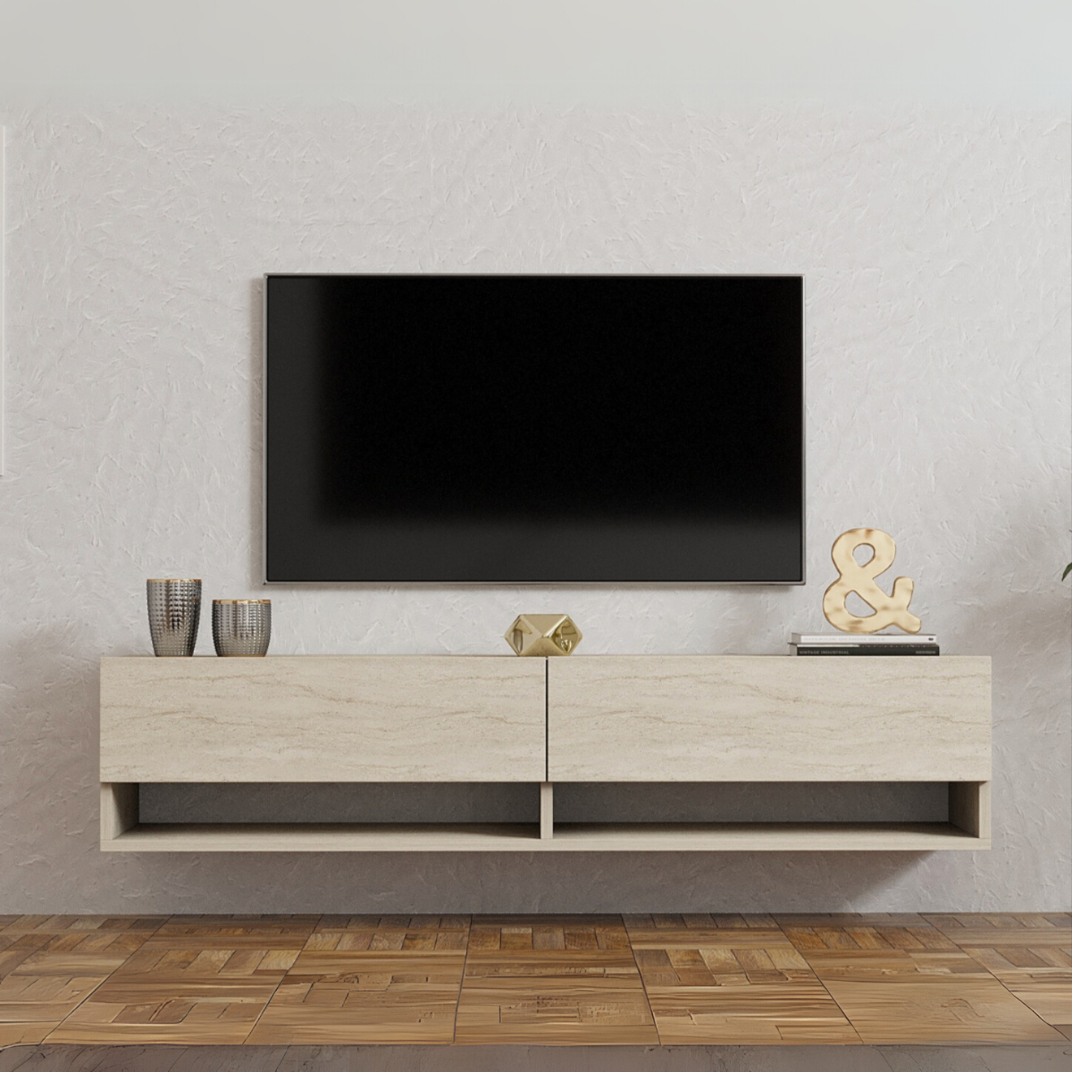Meuble TV suspendu 2 portes abattantes décor travertin L141 cm - ARGES beige, CALICOSY
