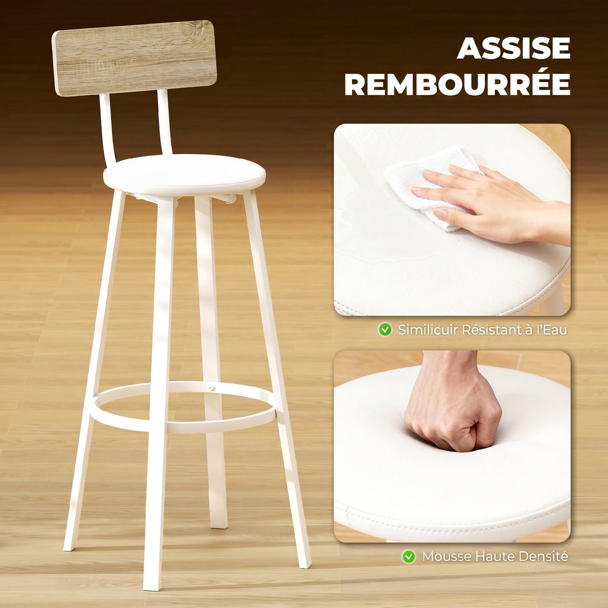 Tabouret de bar Panneau de particules Bois bois naturel et blanc, HOMCOM