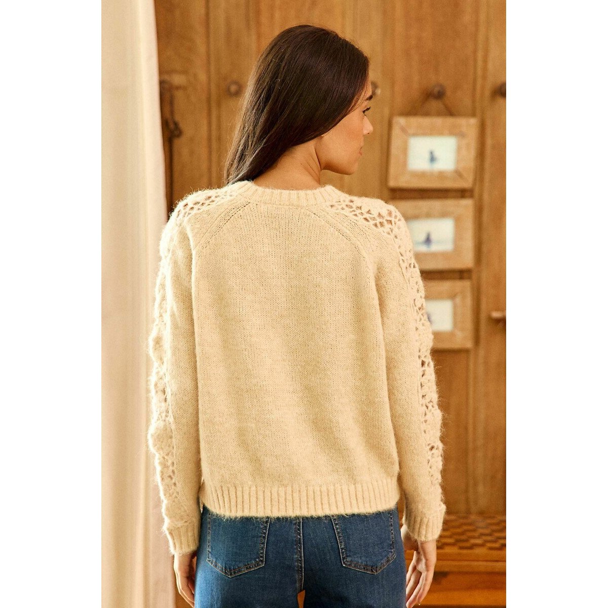 Melie Crew Neck Jumper with Openwork Motif ecru , LA PETITE ETOILE