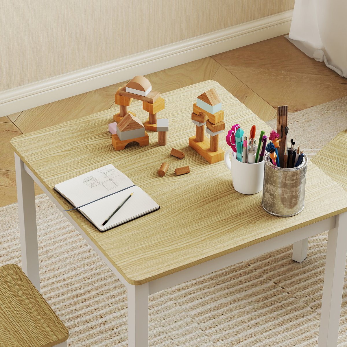 Ensemble table et chaises pour enfants MDF bois naturel, blanc, AIYAPLAY