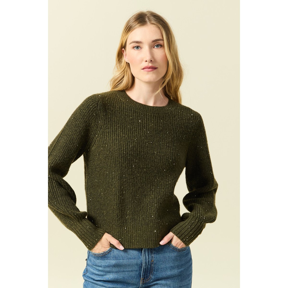 Pull manches longues col rond à sequins vert kaki, BONOBO