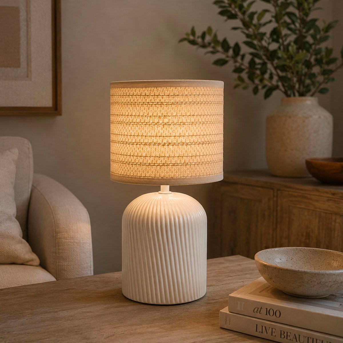 Lampe à poser céramique blanche 18x18x31.5cm blanc, VERSA