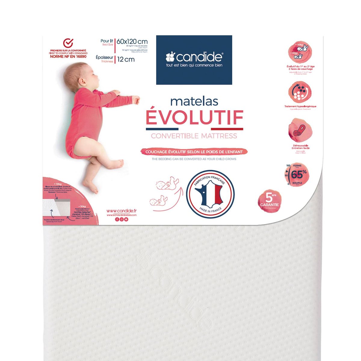 Matelas mousse déhoussable 12 cm Evolutif CANDIDE blanc, CANDIDE