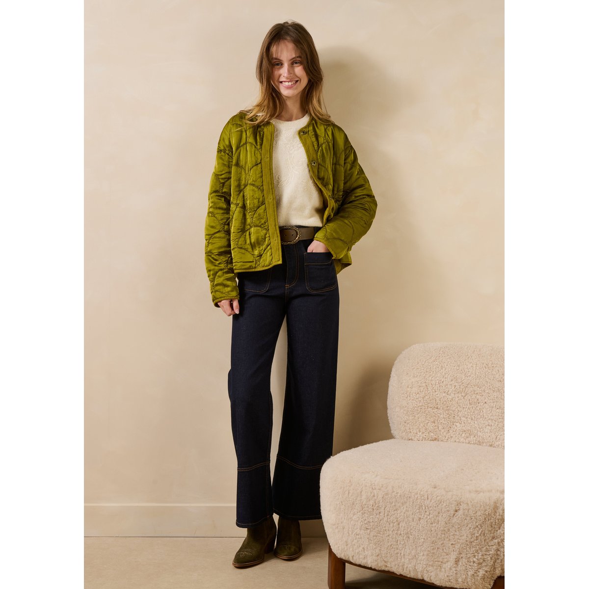 Veste matelassée manches longues col rond olive, LA FEE MARABOUTEE