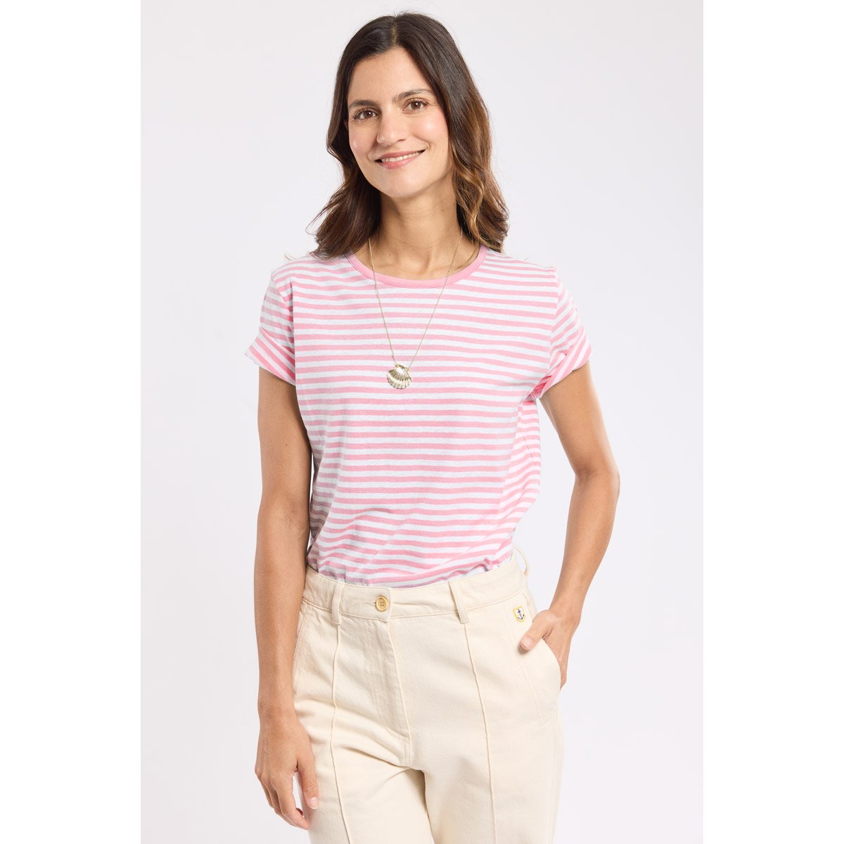 T-shirt rayé en coton et lin blanc/dahlia, ARMOR-LUX
