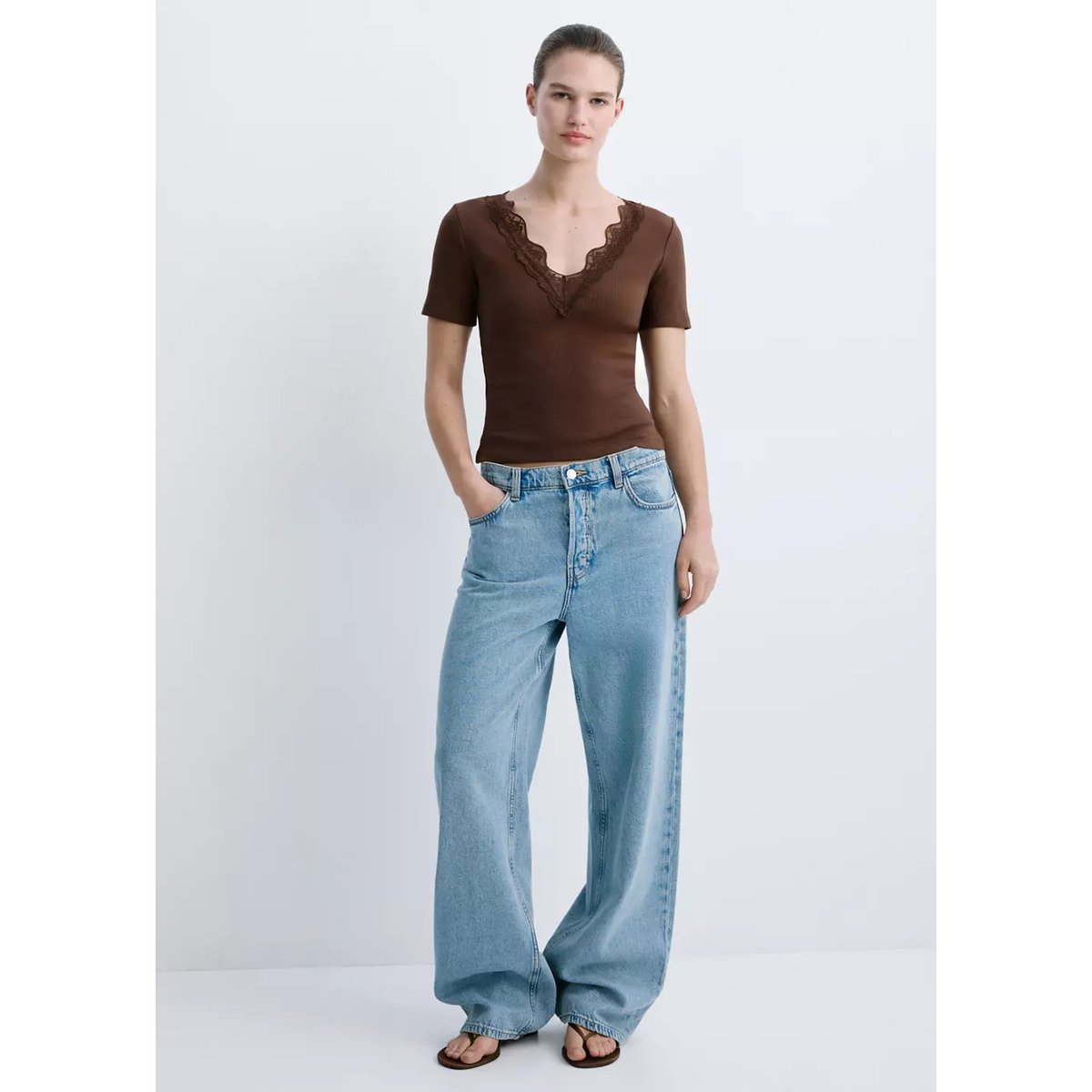 Top liserés dentelle marron, MANGO