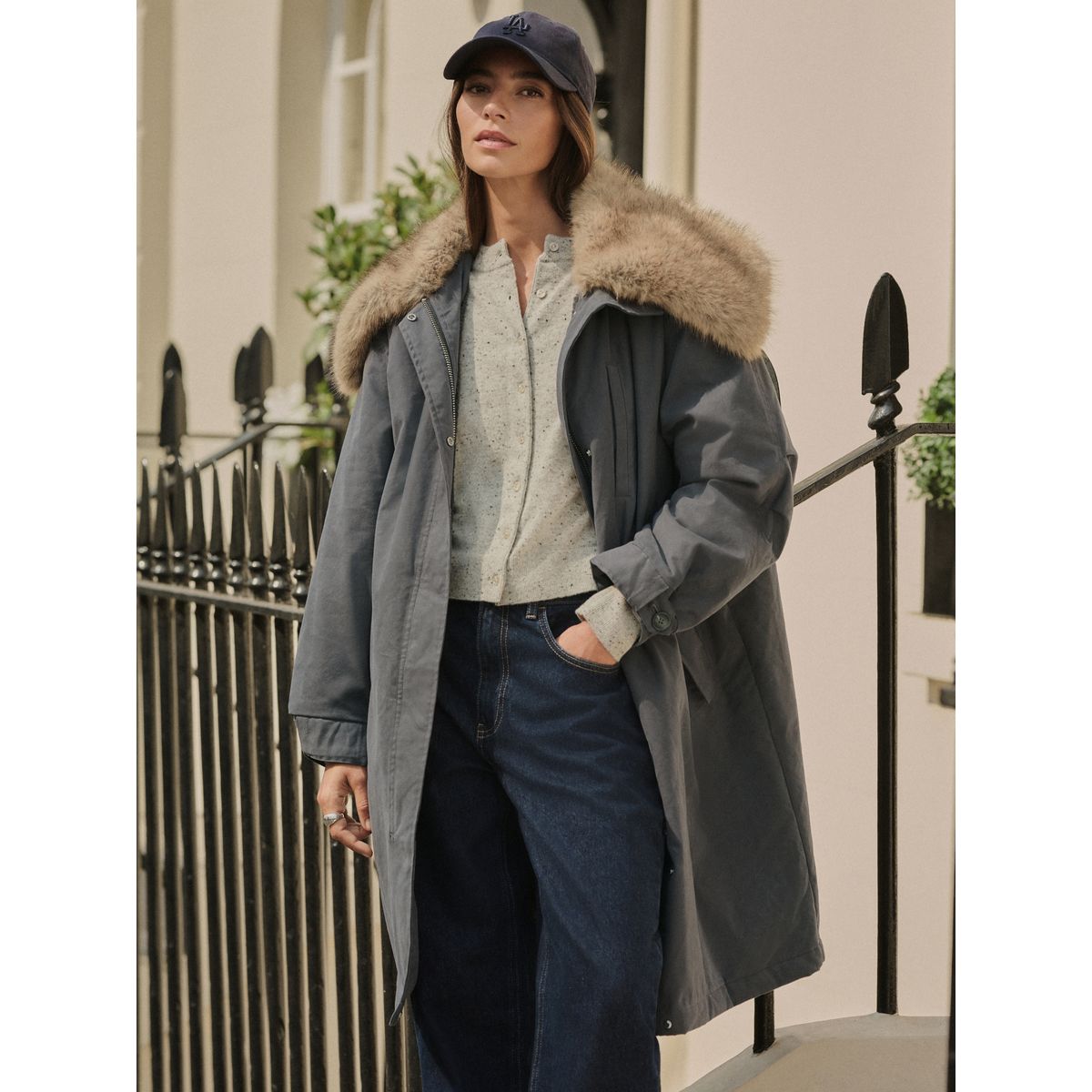Parka à col en imitation fourrure premium gris anthracite, NEXT