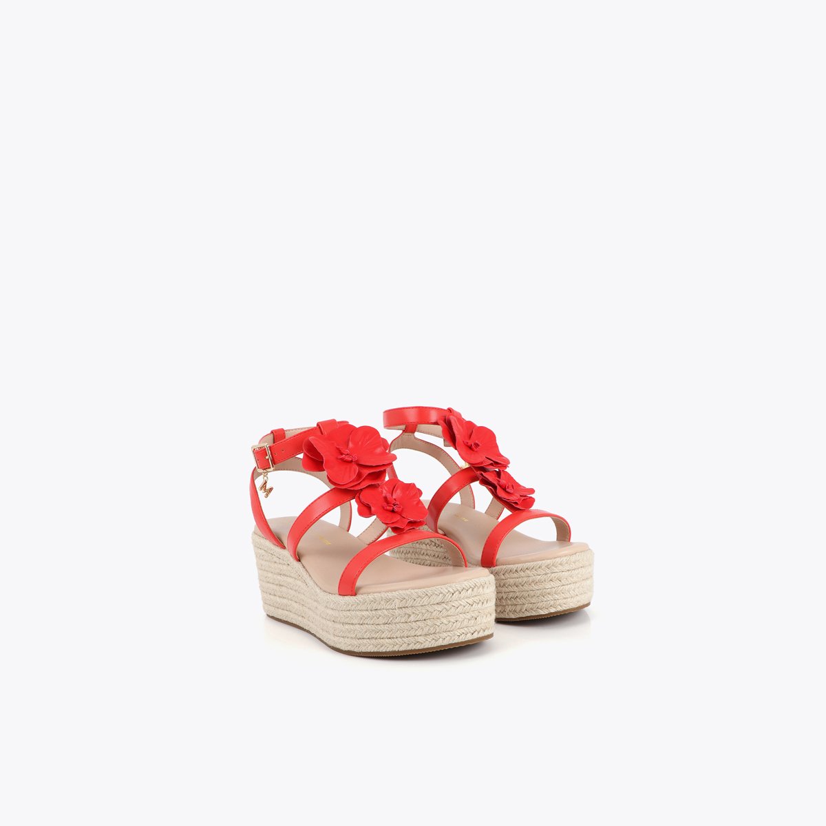 Sandales compensées à fleurs en relief rouge, LOLA CASADEMUNT