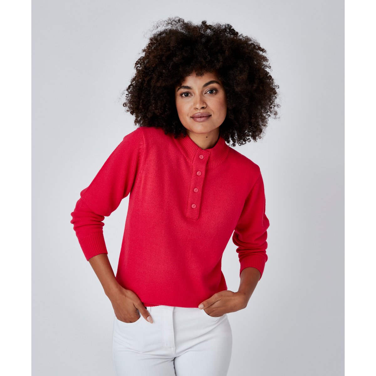 Pull col montant boutonné rose framboise, DAMART