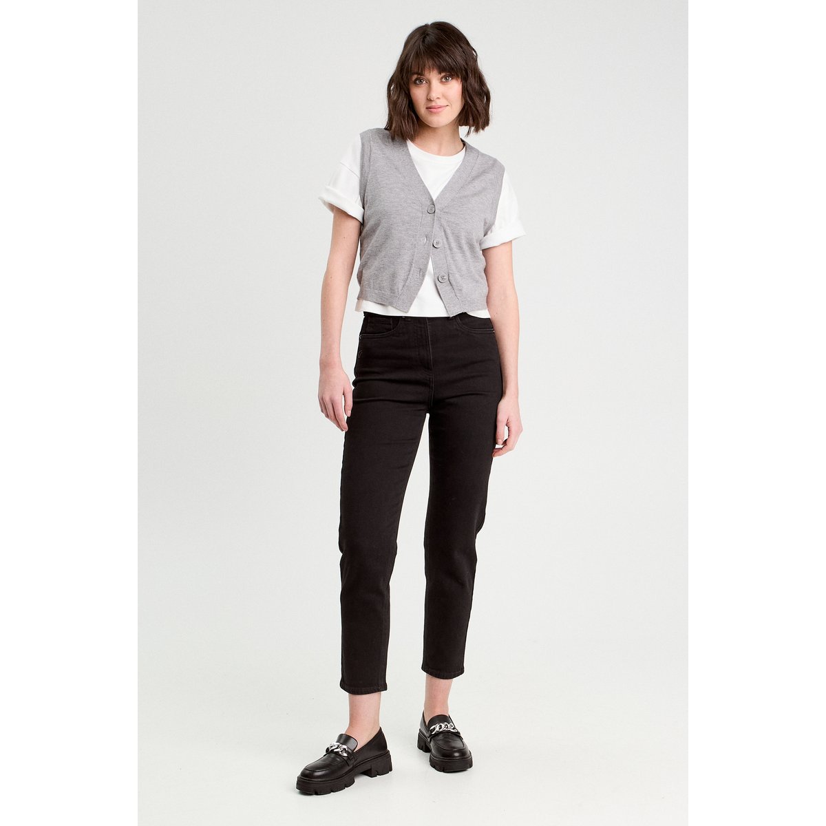 Jeans mom slim stretch denim noir, CACHE CACHE