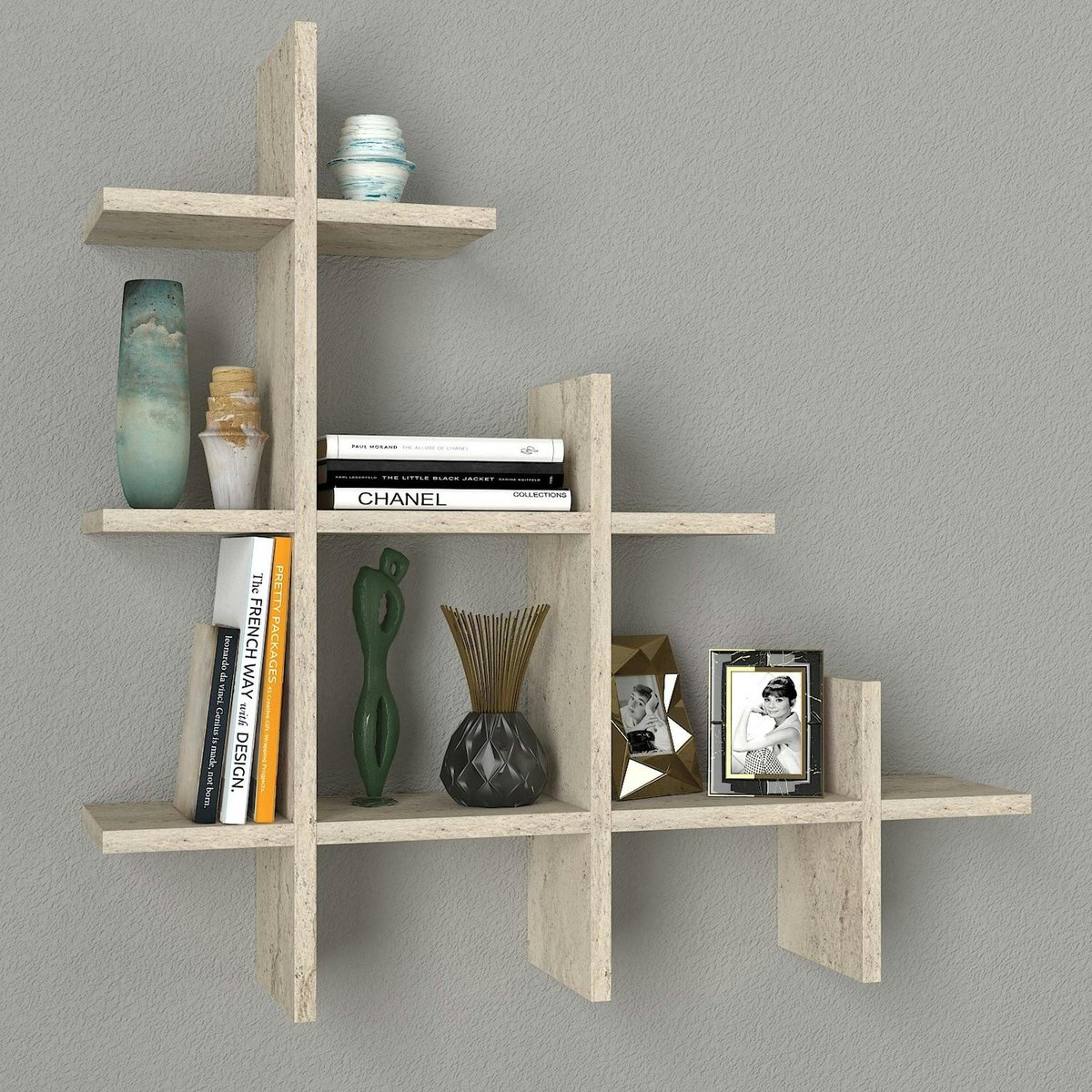 Étagère murale effet travertin, niches asymétriques MARFA beige, PIER IMPORT