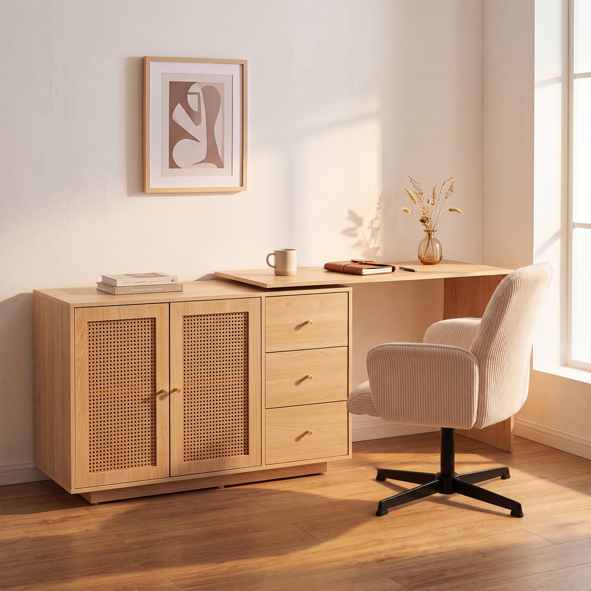 Ensemble de bureau d’angle rotatif avec portes rotin et chaise de bureau, DICCPERNTHOMASINACORD beige, MEUBLES COSY