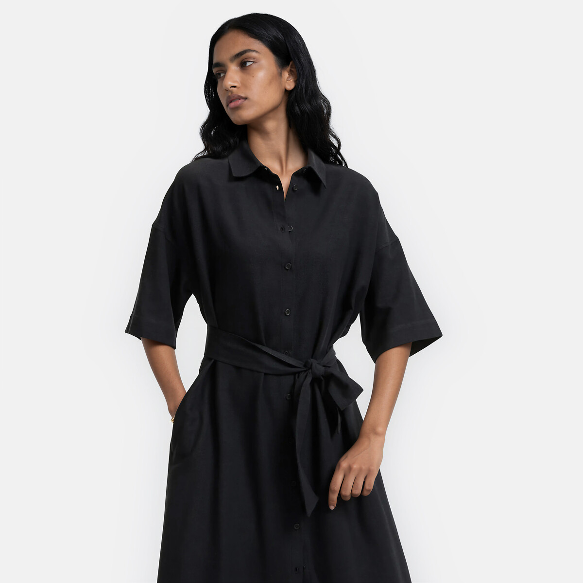Robe chemise longue manches coudes ceinturée noir, LA REDOUTE COLLECTIONS