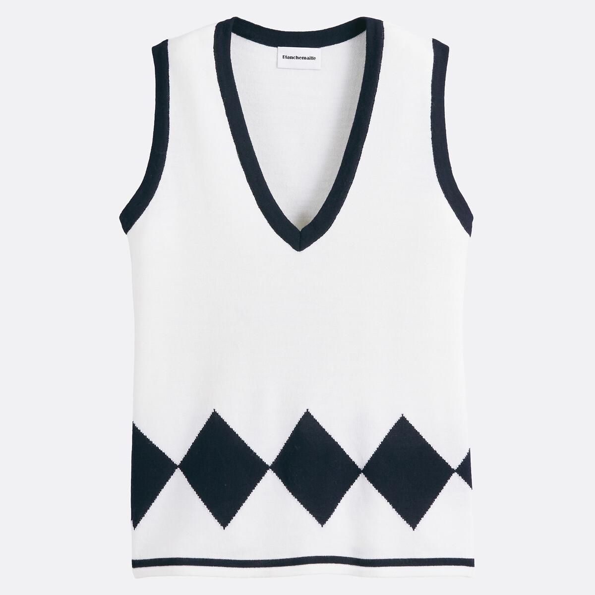 Pull sans manches, col V, en laine mérinos blanc, BLANCHEMAILLE