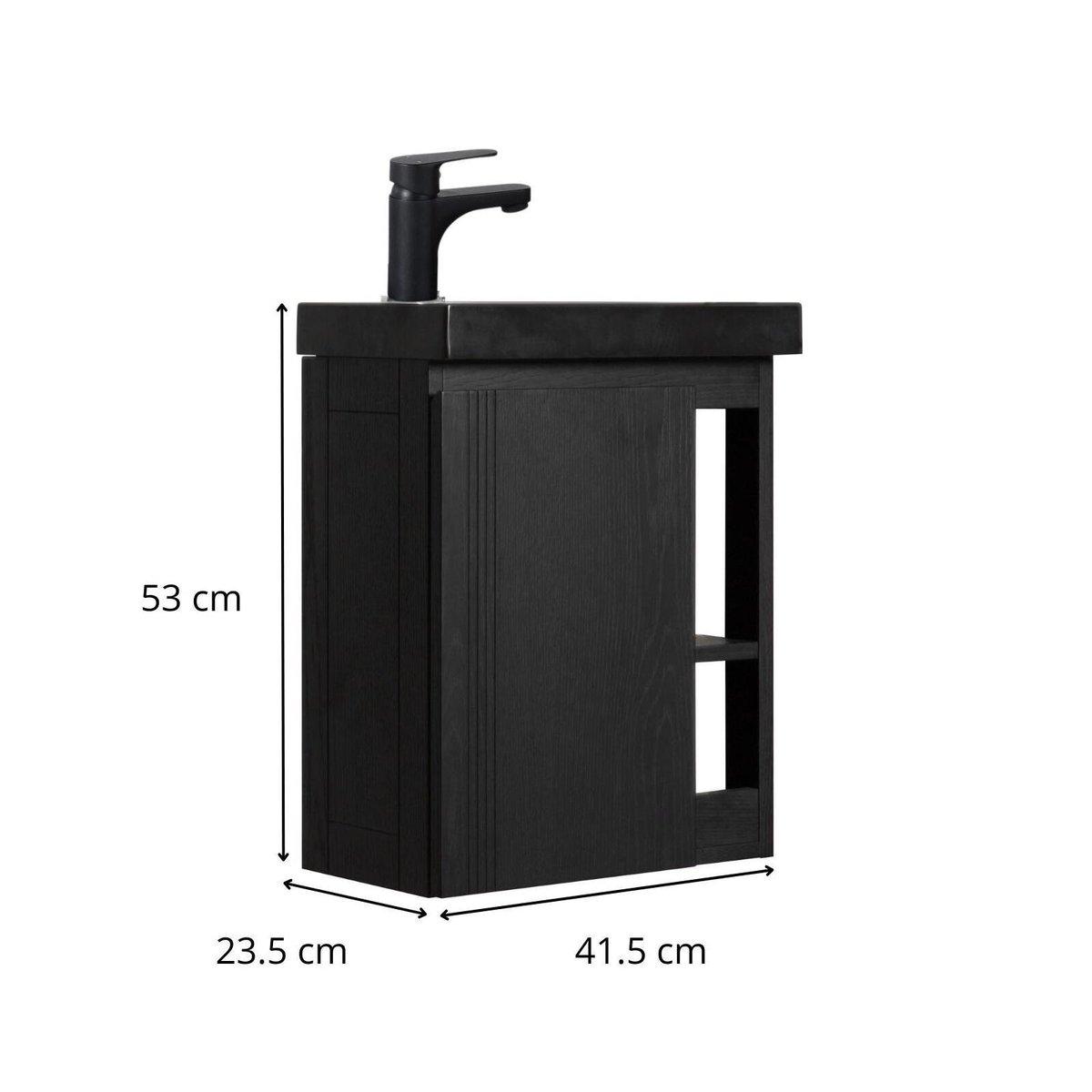 Ensemble lave-mains avec rangement latéral et robinet noir HAMPTON décor chêne carbone, MOB IN