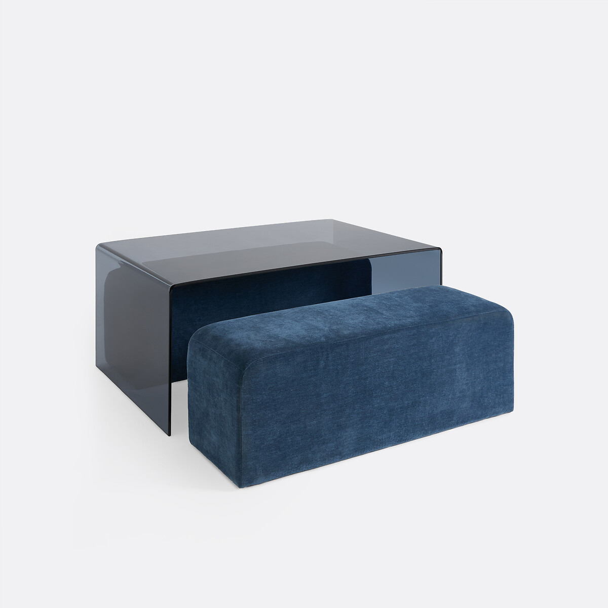 Table basse, plateau en verre trempé, et ses 2 bancs, JOAN bleu, LA REDOUTE INTERIEURS