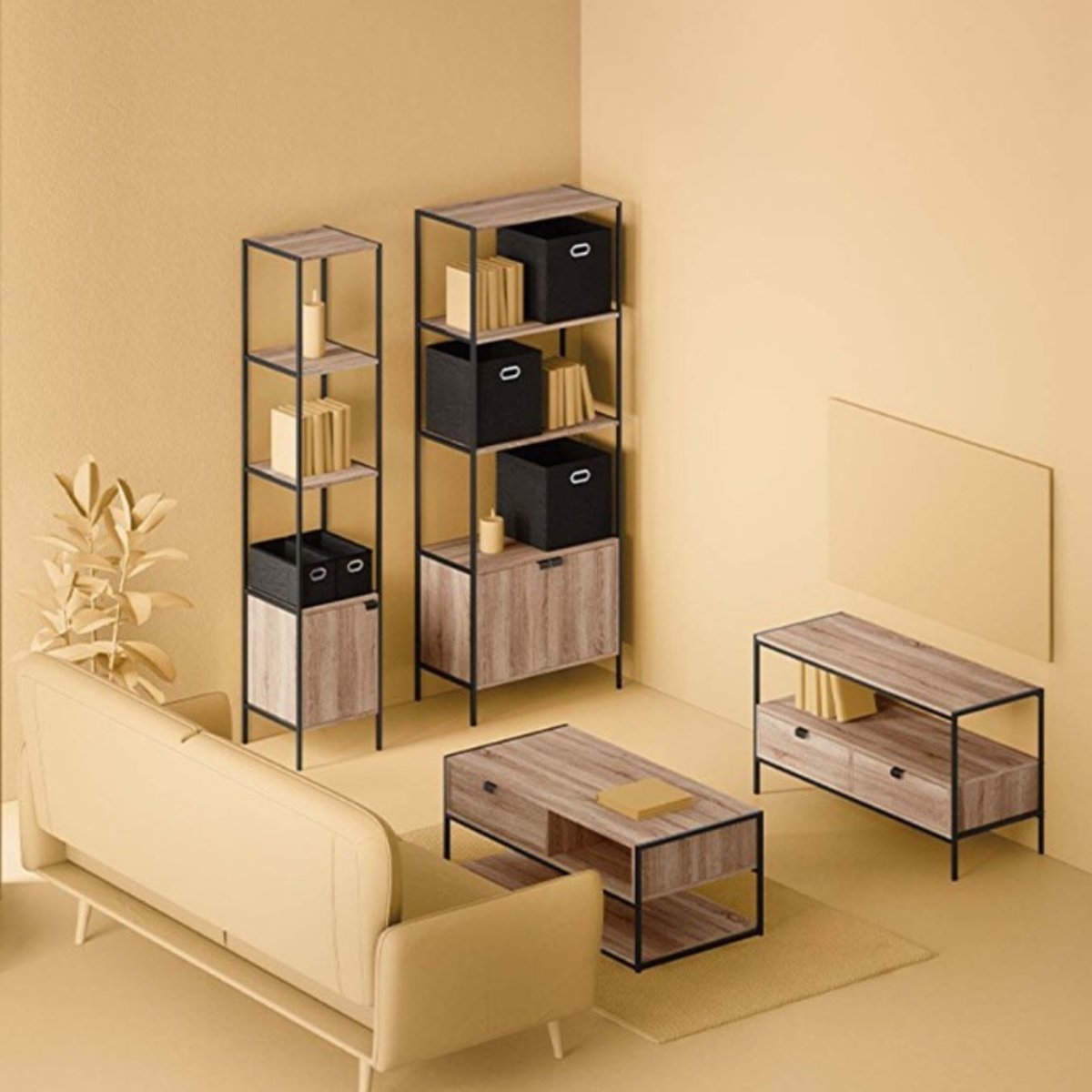 Étagère 1 porte effet chêne naturel ALIAJ noir, 5FIVE SIMPLY SMART