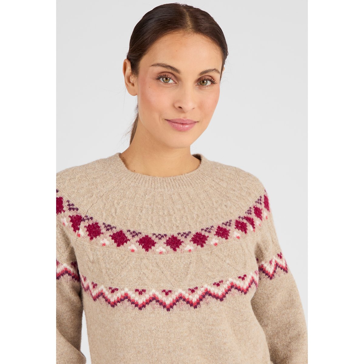 Pull jacquard Thermolactyl marron beige chiné, DAMART