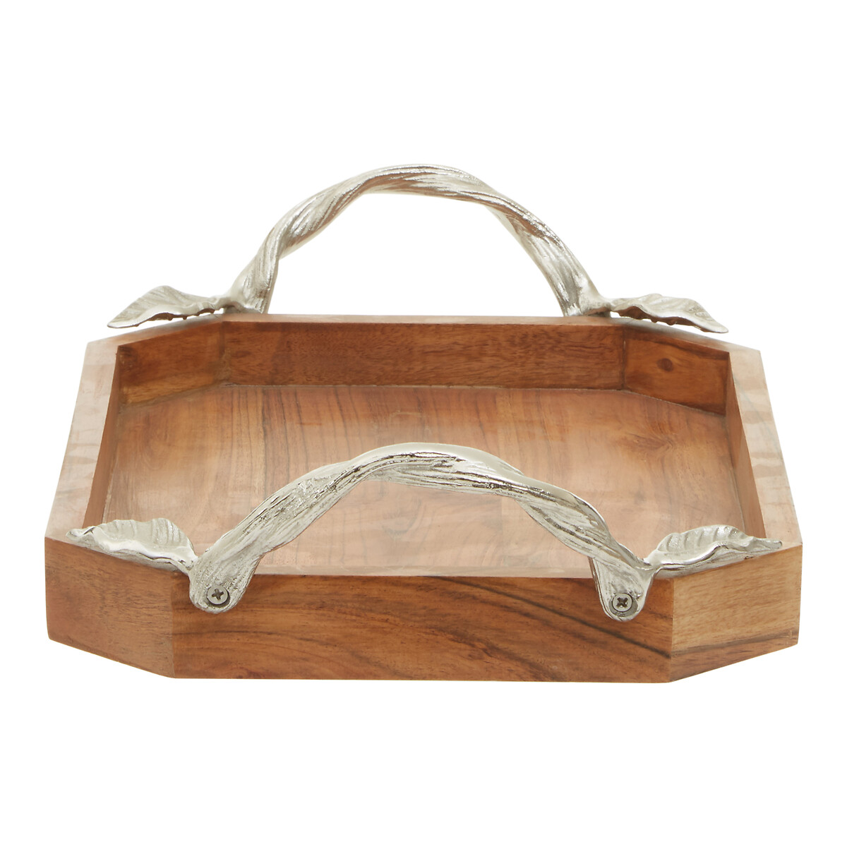 Acacia Wood Tray with Aluminium Leaf Handle brown, SO'HOME