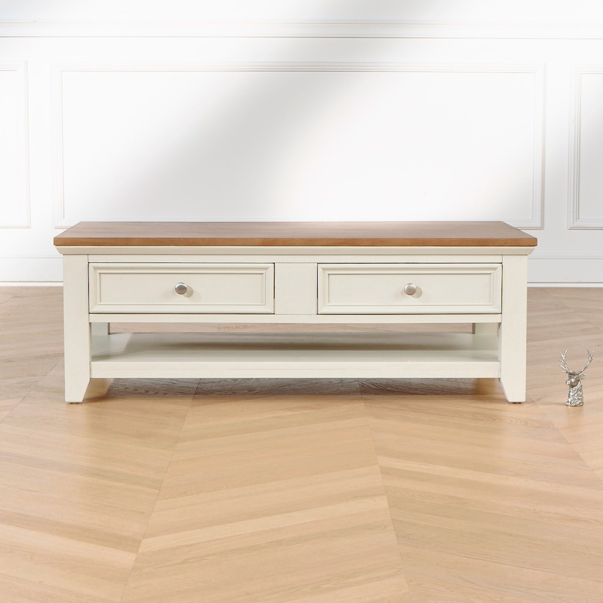 Table basse rectangulaire style contemporain, double plateau, 4 tiroirs ARCHER blanc, ROBIN DES BOIS