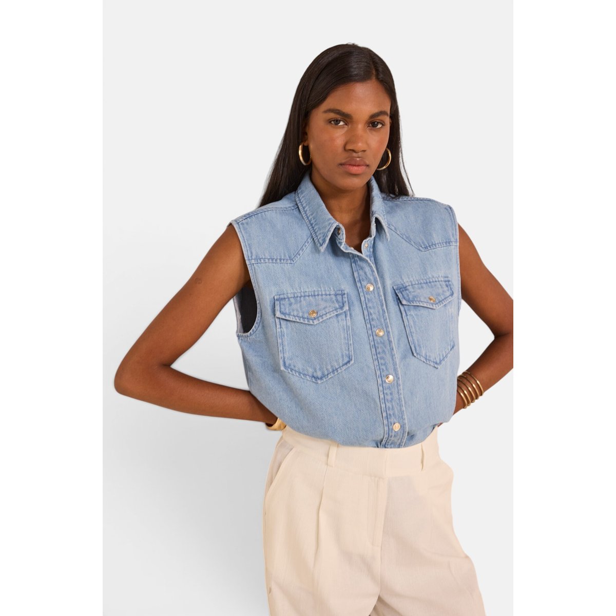 Chemisier denim sans manches en coton MACAO pure bleached, Maison 123